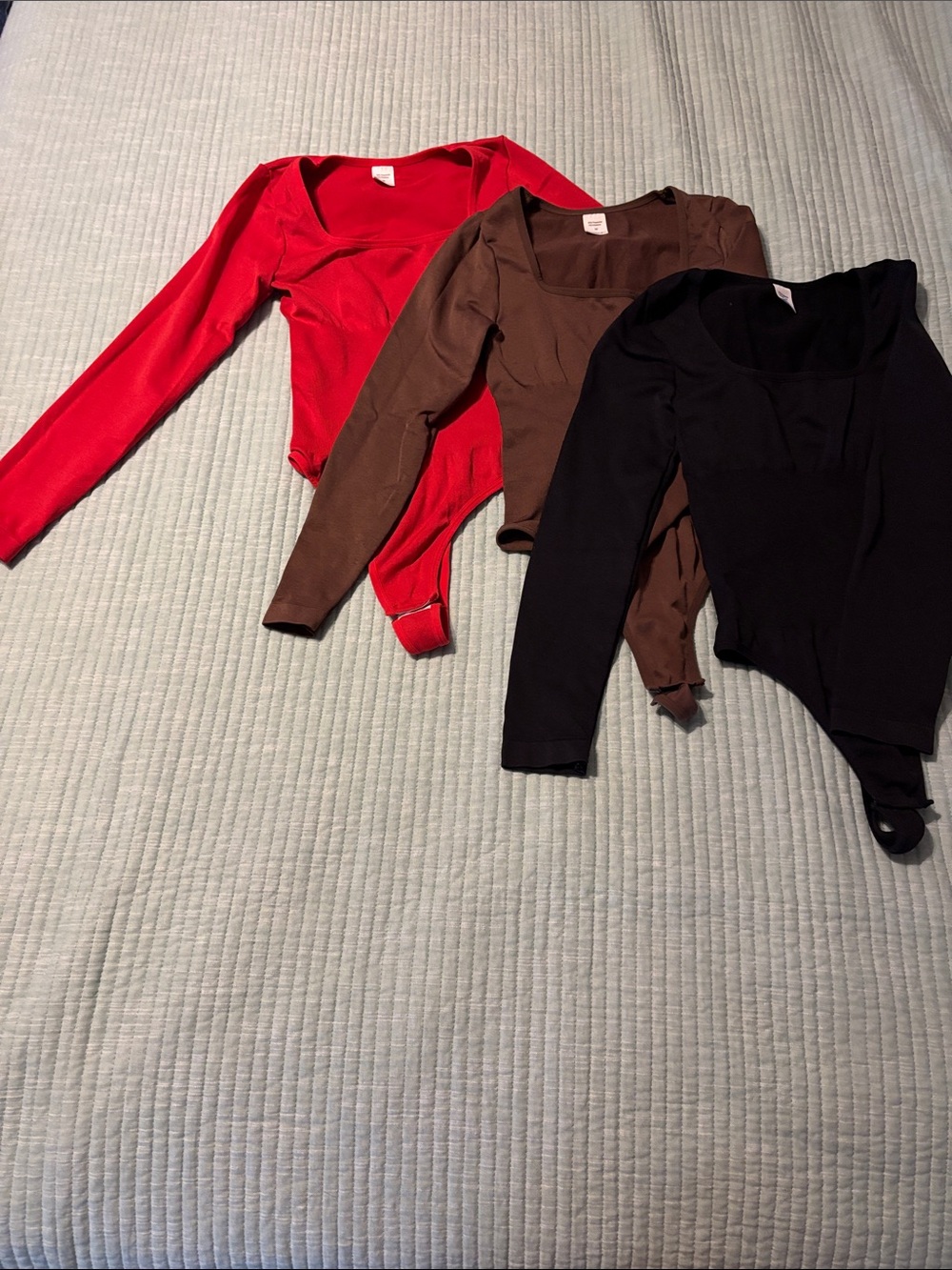3-Pack Long Sleeve Scoop Neck Bodysuits - Red, Brown, Black